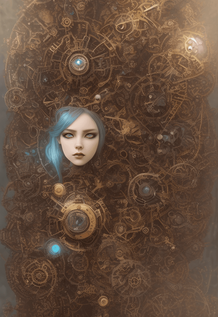 AI generated: (3D steampunk clockwork fantasy whimsical monster:1.3), inspired by (Bella Kotak), rich gold and cya...