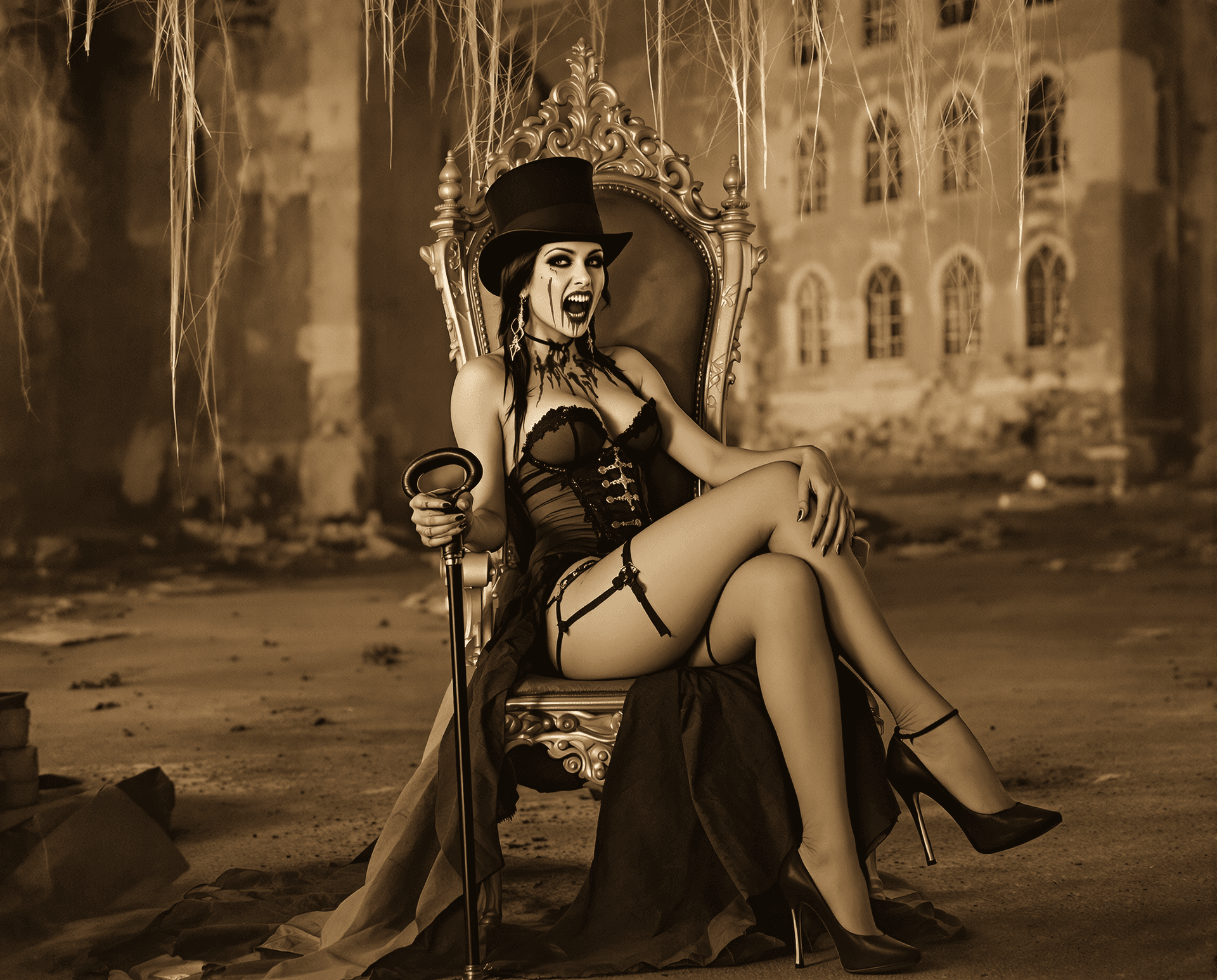 AI generated: A sepia toned 1800s quality image of a beautiful brunette vampire dressed in 1860s style lingerie.  ...