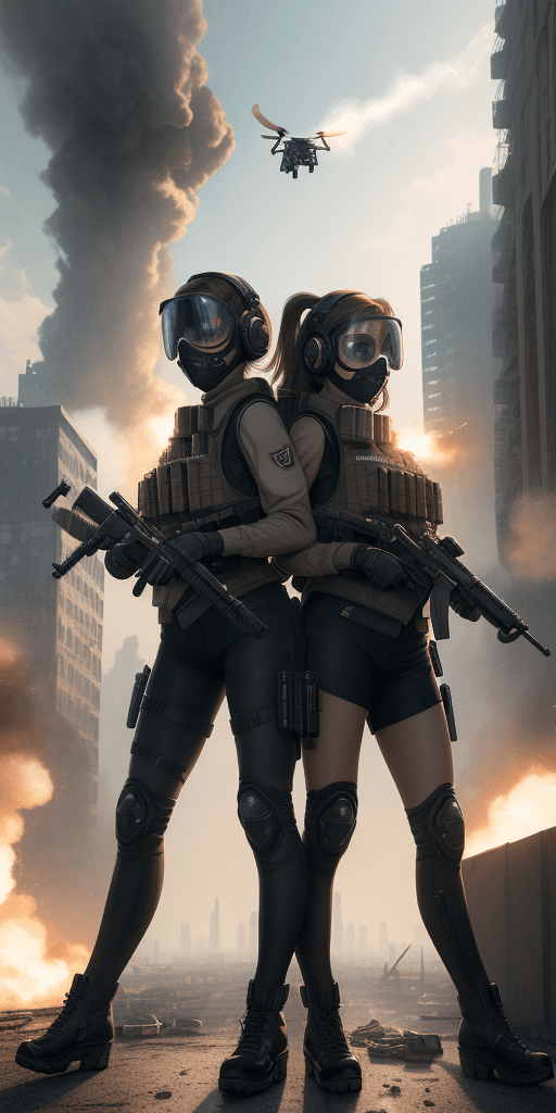 AI generated: ((high quality)), ((masterpiece)), 16k, 2girls, bulletproof vest, light rays, extremely detailed CG ...