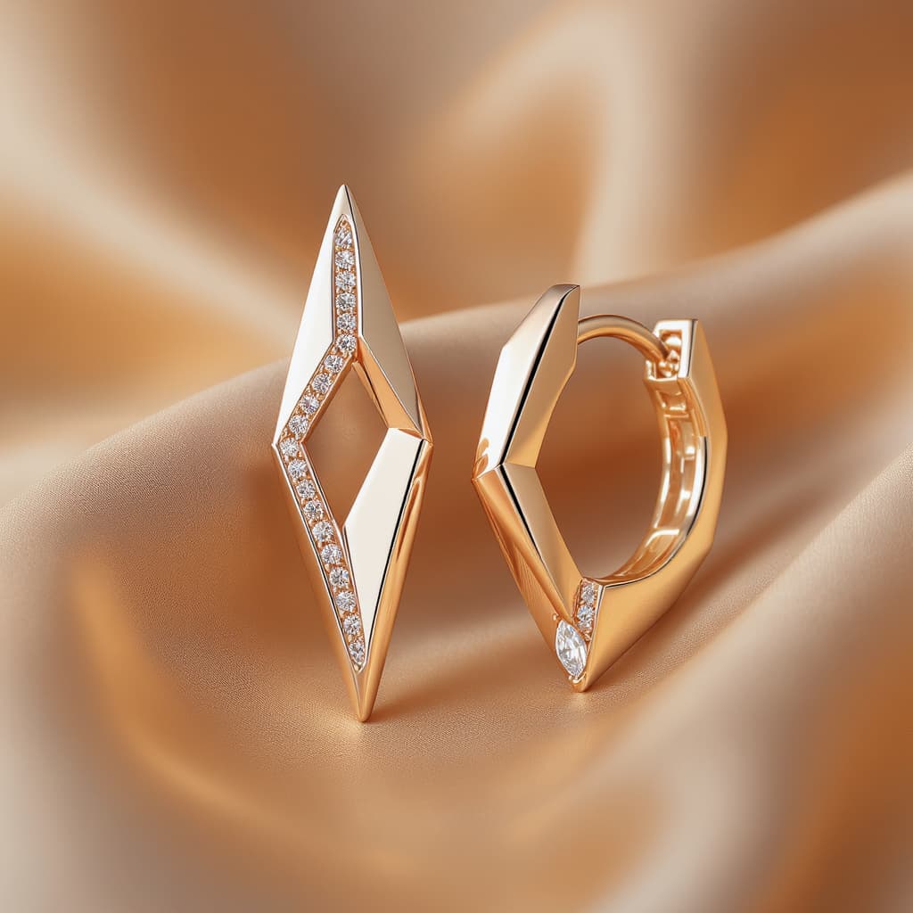 AI generated: Modern luxury geometric earrings in 18K rose gold inspired by futuristic architectural high jewelry ...