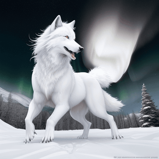 AI generated: [1] A majestic white wolf, [2] with thick, silvery fur glistening in the arctic moonlight and pierci...
