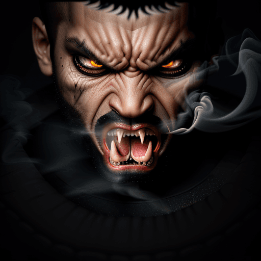 AI generated: digital smoke art, portrait, snarling, angry with ABRASIVE AUTHENTICITY black snak
 macro photograph...