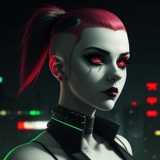 AI generated: A beautiful pale cyberpunk Girl with heavy black eyeliner, red eyes, shaved side haircut, hyper deta...