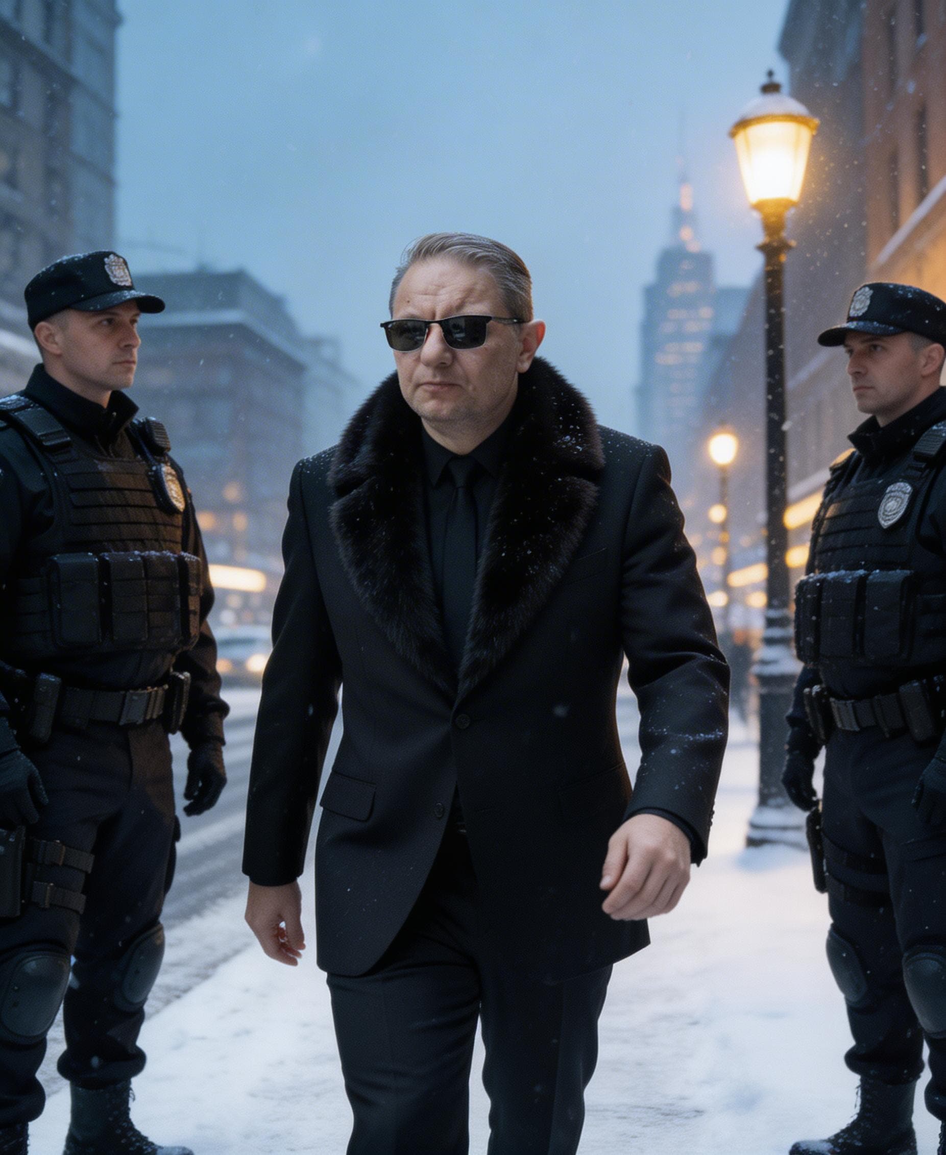 AI generated: A powerful businessman, draped in a luxurious fur-trimmed suit, strides confidently down a snow-cove...