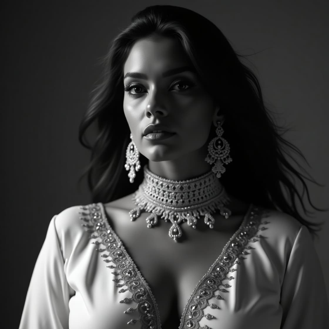 AI generated: High-resolution black-and-white fashion editorial photograph of a stunning dusky volpturous curvy In...