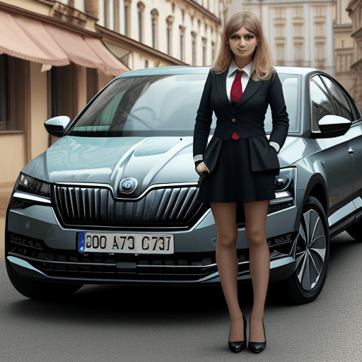 AI generated: Nice girl standing next to Skoda Superb car. The car must have czech plate number.