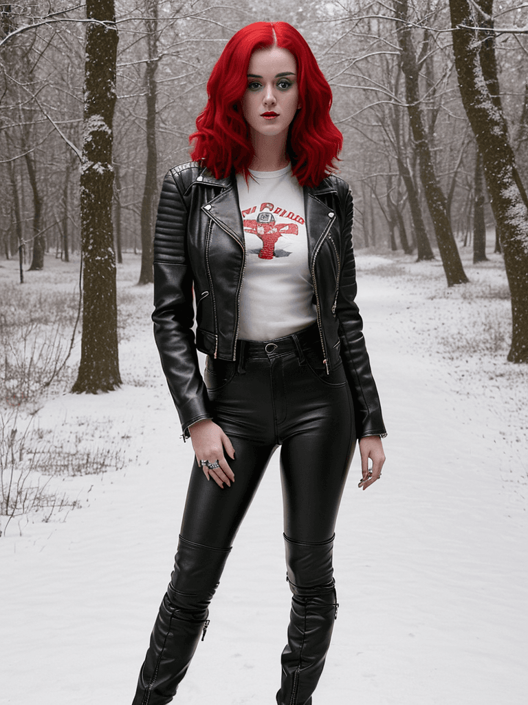 AI generated: Katy Perry wearing a leather jacket leather jeans and leather highboots,  with her red hair, standin...