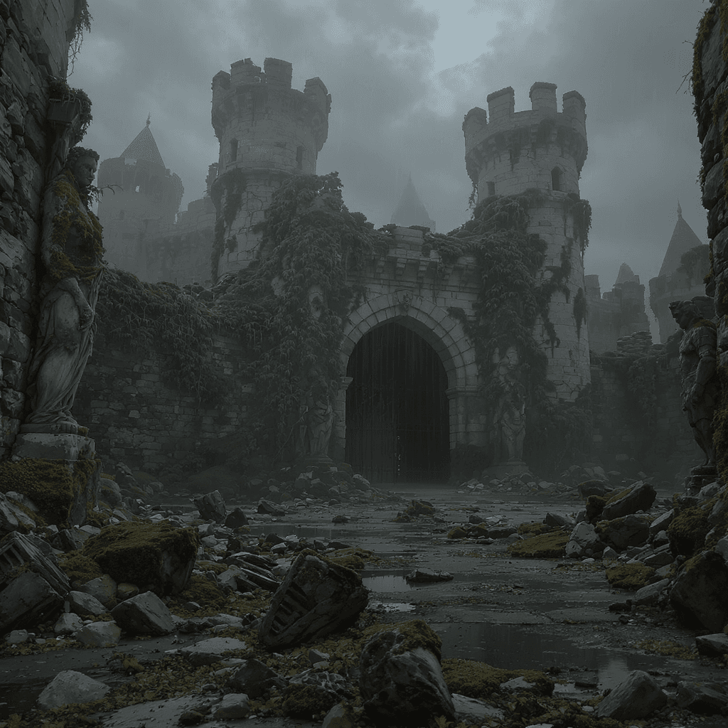 AI generated: "A massive ruined castle half-buried in fog, its towers cracked and walls covered in creeping vines....