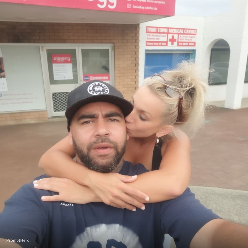 AI generated: Woman kissing mans neck while hugging him