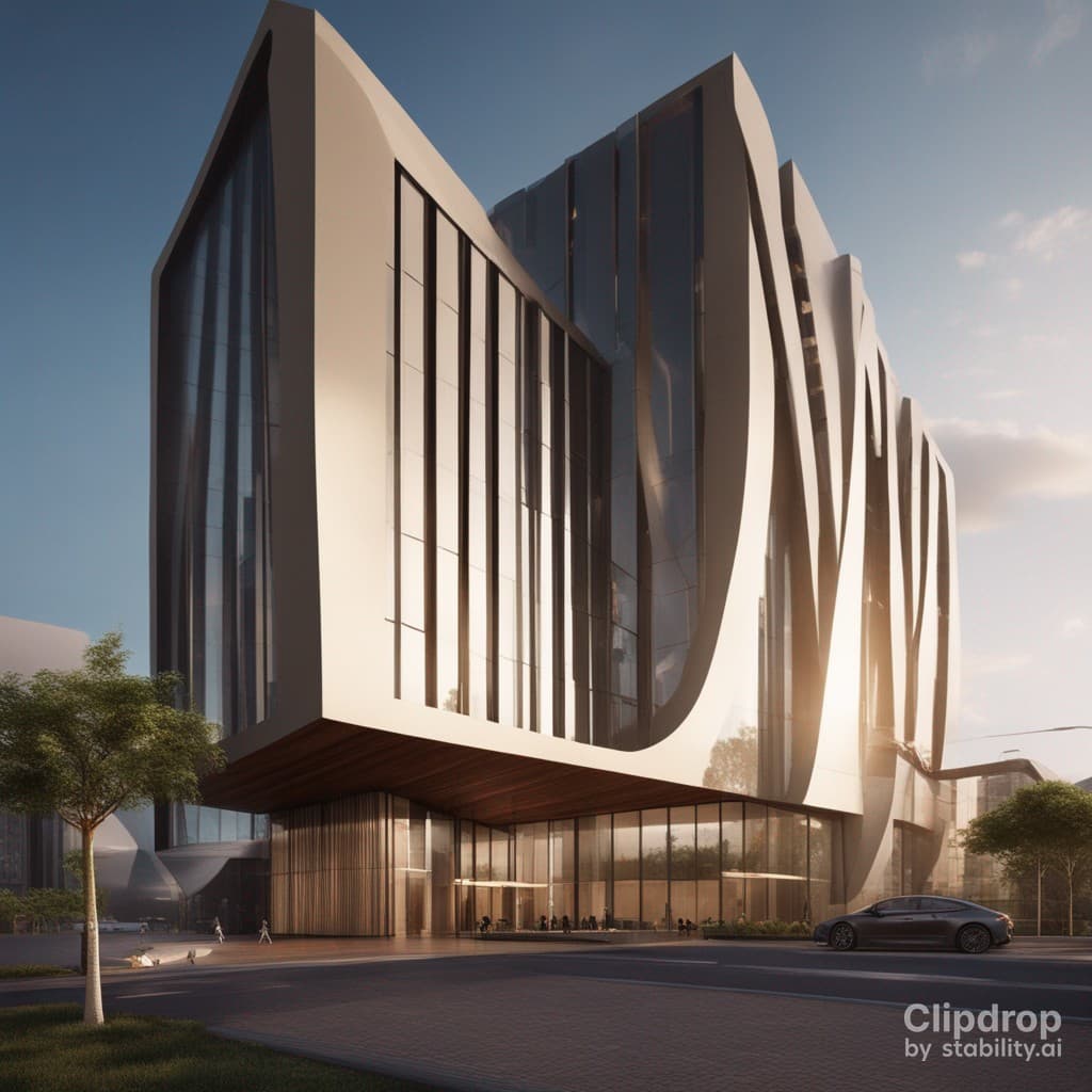 AI generated: Stylish modern building with smooth facade lines with bogolan characters, building project of the ci...