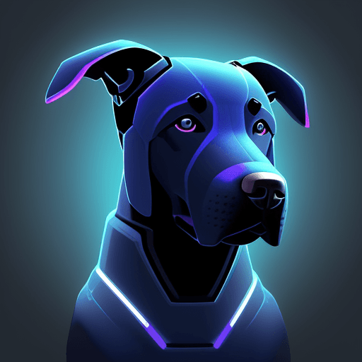 AI generated: A stylized robo-themed illustration of a Labrador dog head, seen directly from the front, in a blue ...