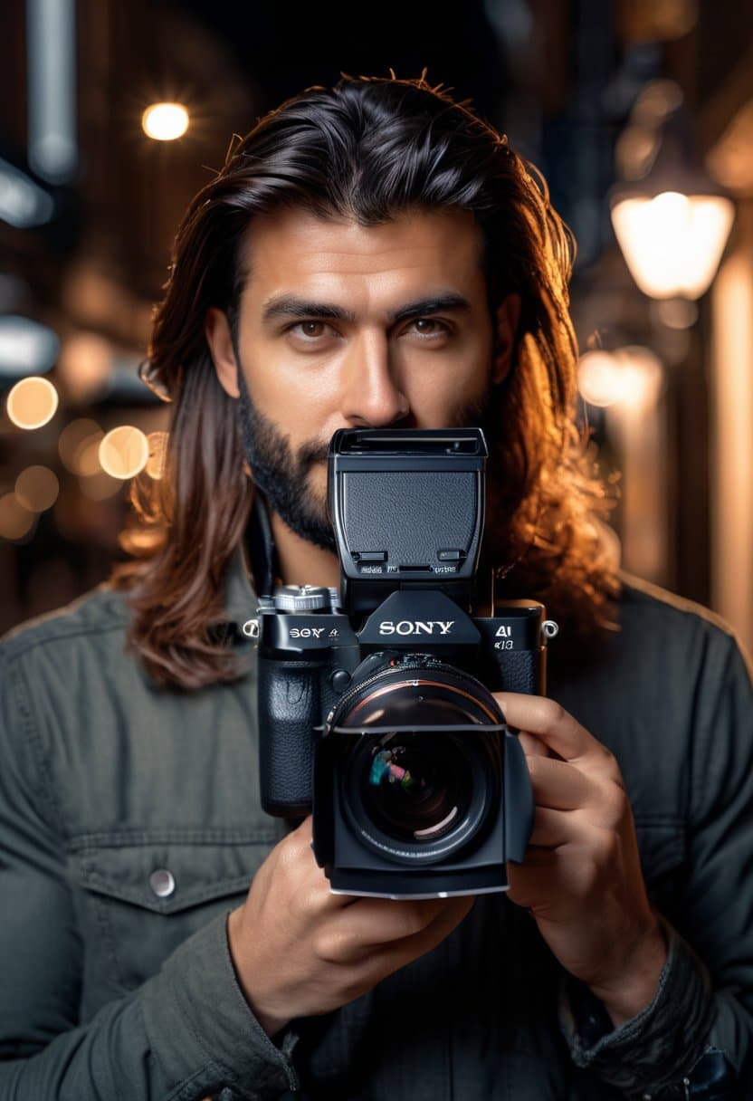 AI generated: hyper realistic photograph, photograph of an photographer holding a film camera, he is in town, watc...