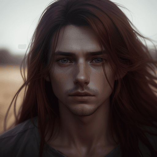 AI generated:  Close-up photo of a man, adorable face, red long layered hair, no makeup, realistic skin texture, l...