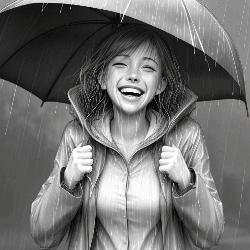 AI generated: laughing and smiling, raining, wet clothes , woman,sketch

