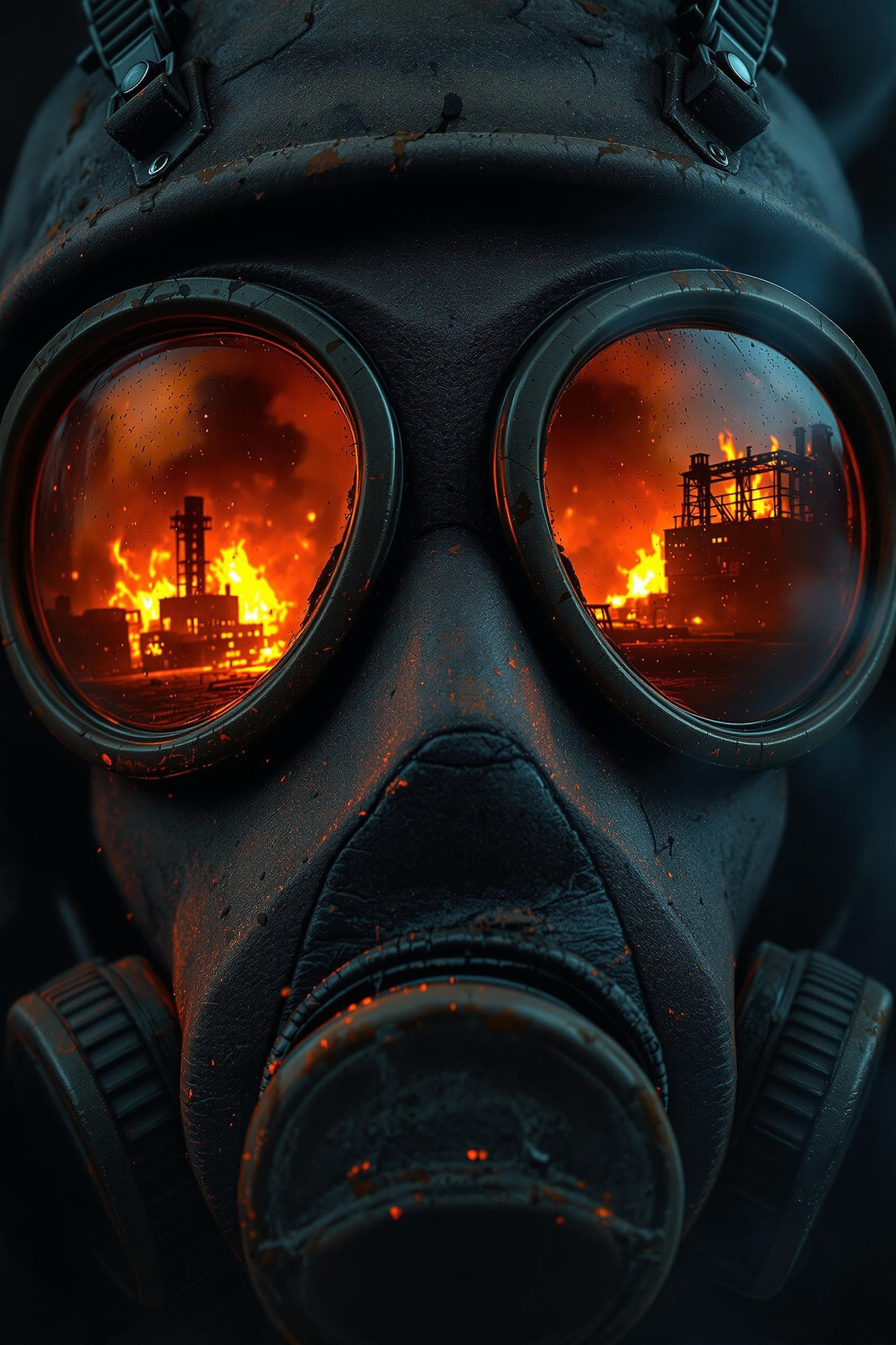 AI generated: A close-up shot of a Chernobyl liquidator's gas mask, filling the frame with gritty, realistic detai...
