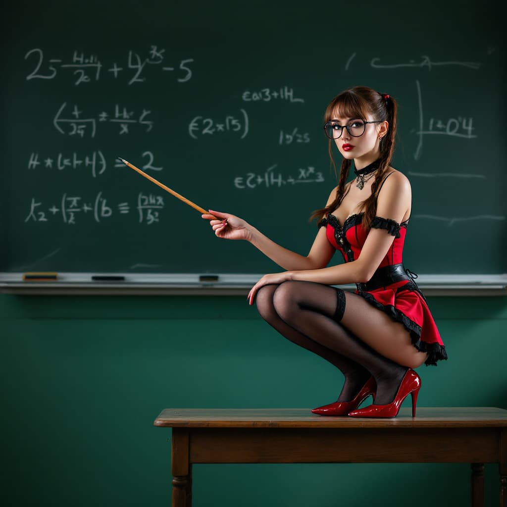AI generated: photo of a 24-year-old woman with twintails and big round glasses wearing tiny red outfit with black...