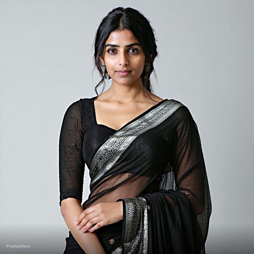 AI generated: A hot Indian aunty wearing black saree 