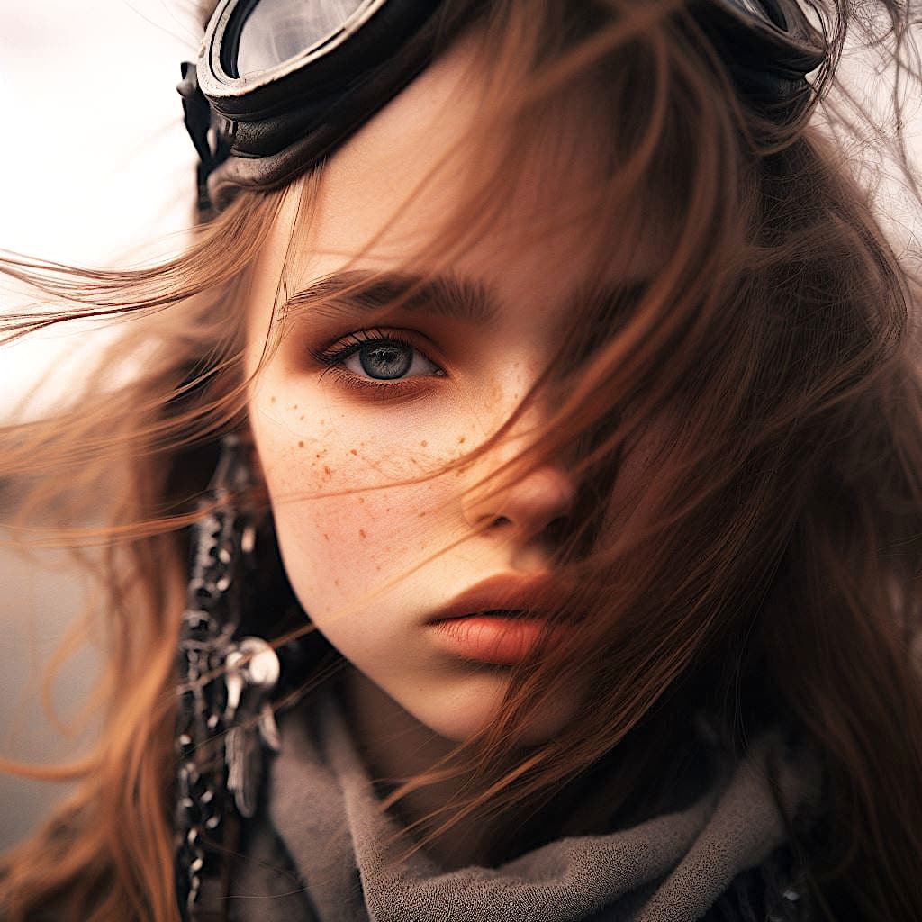 AI generated: Wide portrait, close up scale, cute girl, Mad Max style, warm colors, photoreal, intricate details, ...