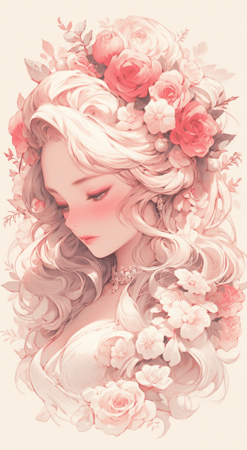 AI generated: a pencil drawing of an artistic woman with flowers in her hair, in the style of light crimson and li...