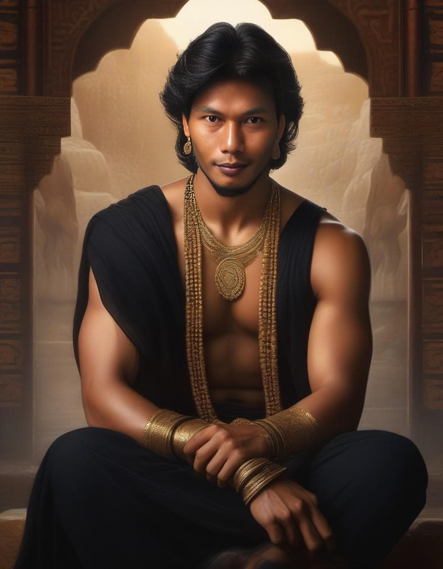 AI generated: Krishna, Ultra-Wide Angle - Pull the camera very far back from subject, ultra realistic, male, muscu...