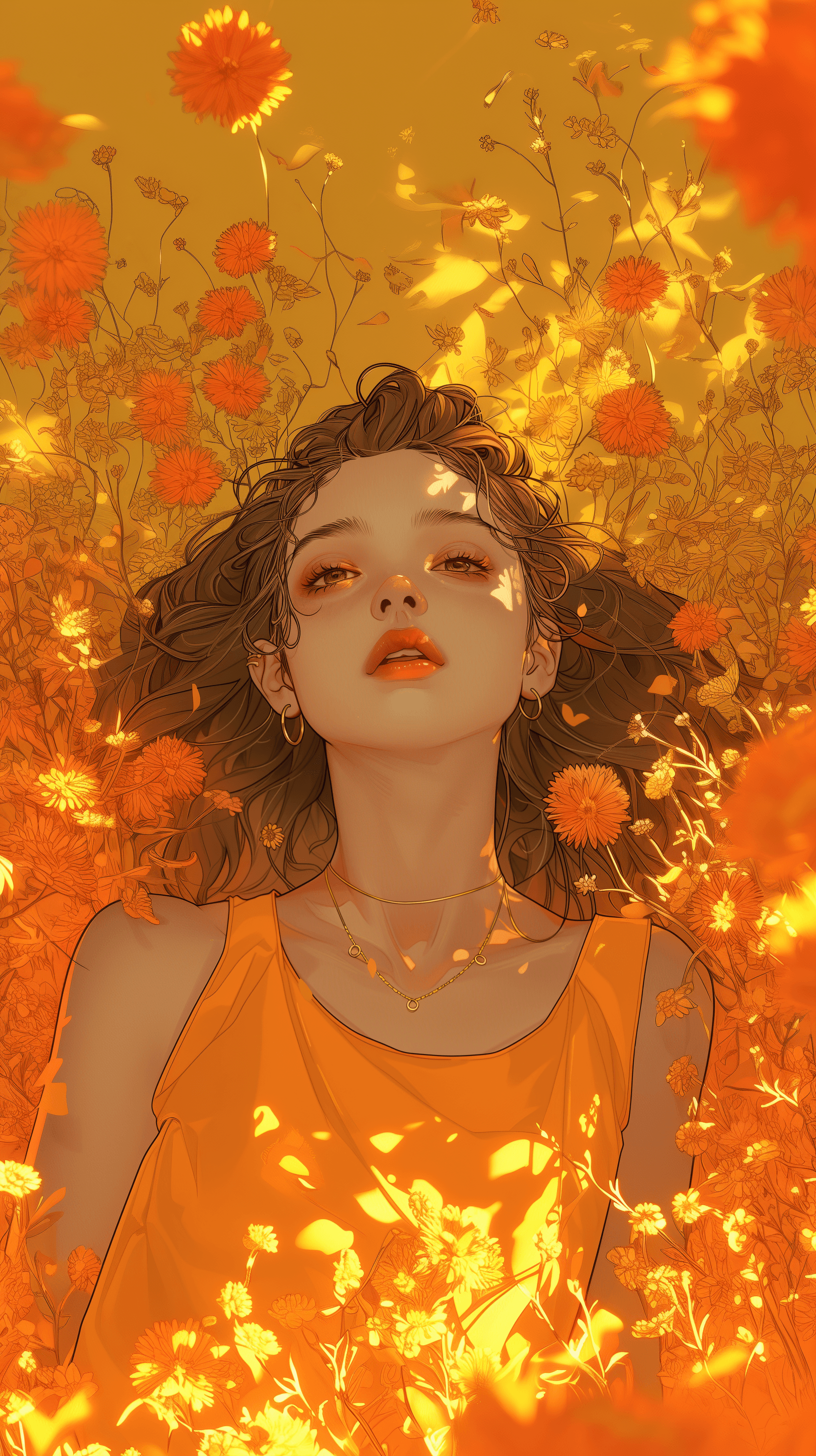 AI generated: illustration art, upper-body, girl, gaze, bright brown eye, simplify, consisting of coral and brown ...