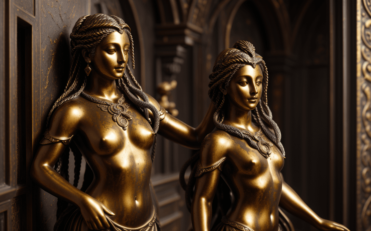 AI generated: one,barocco,interior statue andromeda ,hair snakes,decorative bronze,(patina:1.4),ambient occlusion,...