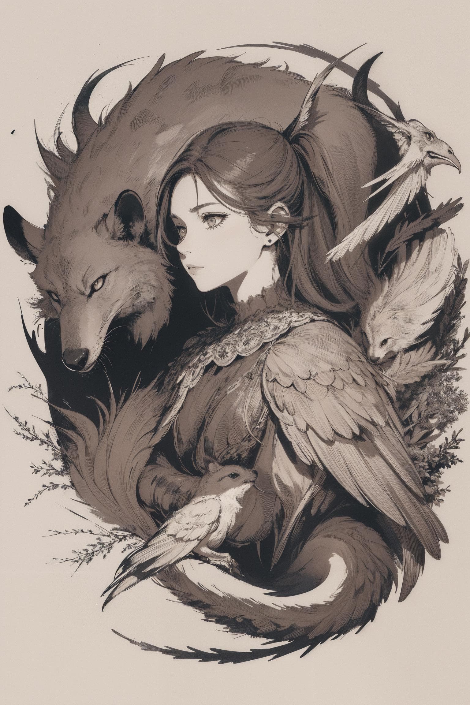 AI generated: absurdres, highres, ultra detailed, (1girl:1.3),
BREAK
, Beastmaster, animal companions, animal co...