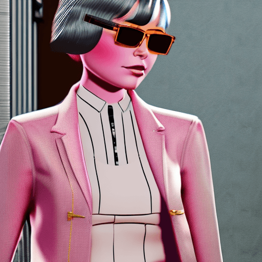 AI generated: A girl with dark pink, ultra-short hair in a sharp, edgy cut. She wears a tailored three-piece outfi...