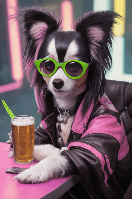 AI generated: cyberpunk(papillon dog)with pink streaks, sitting at a table in a chair, dressed in leather, wearing...