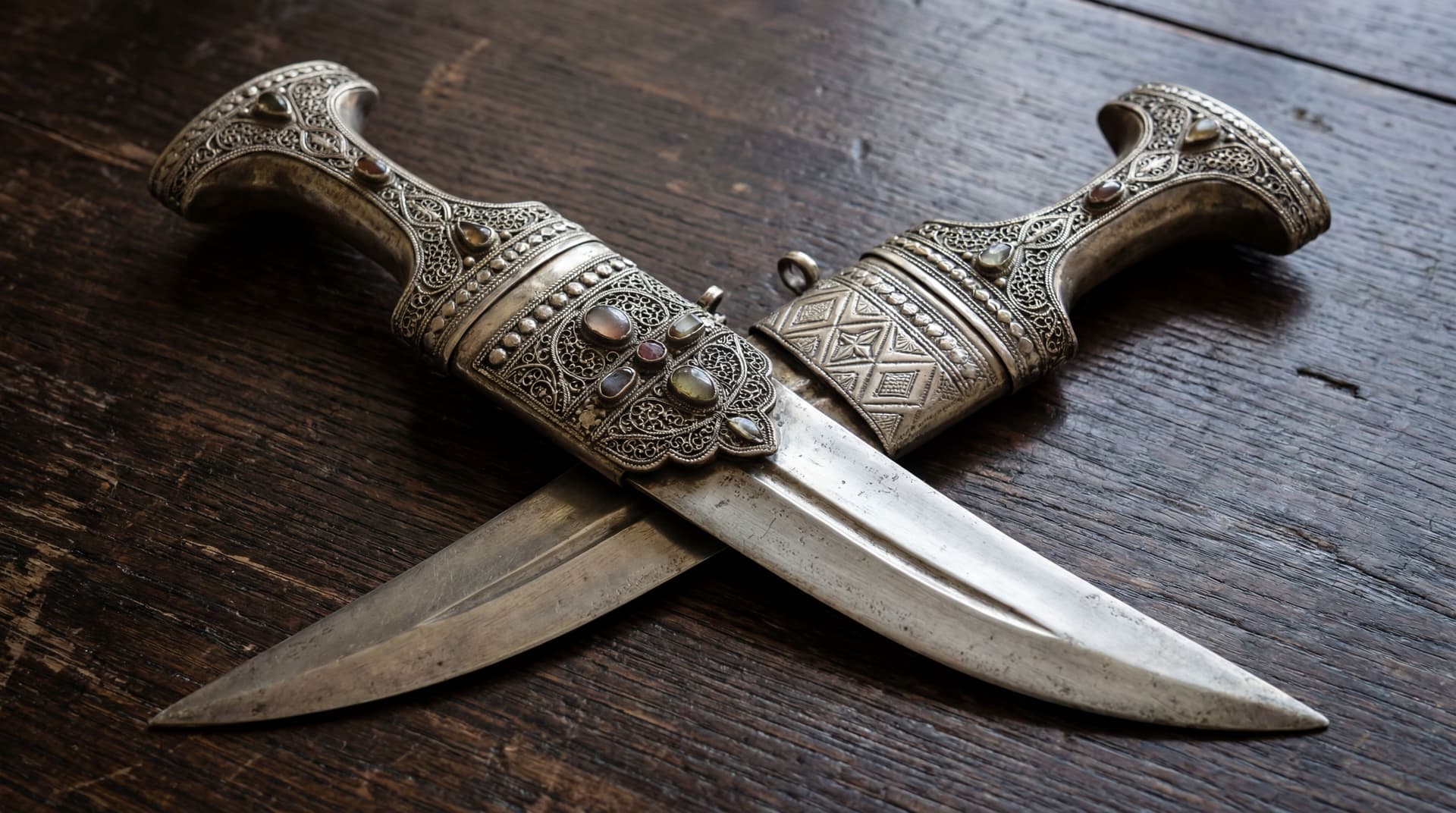 AI generated: Create a photo realistic Ornate Silver Dagger (Jambiya)
