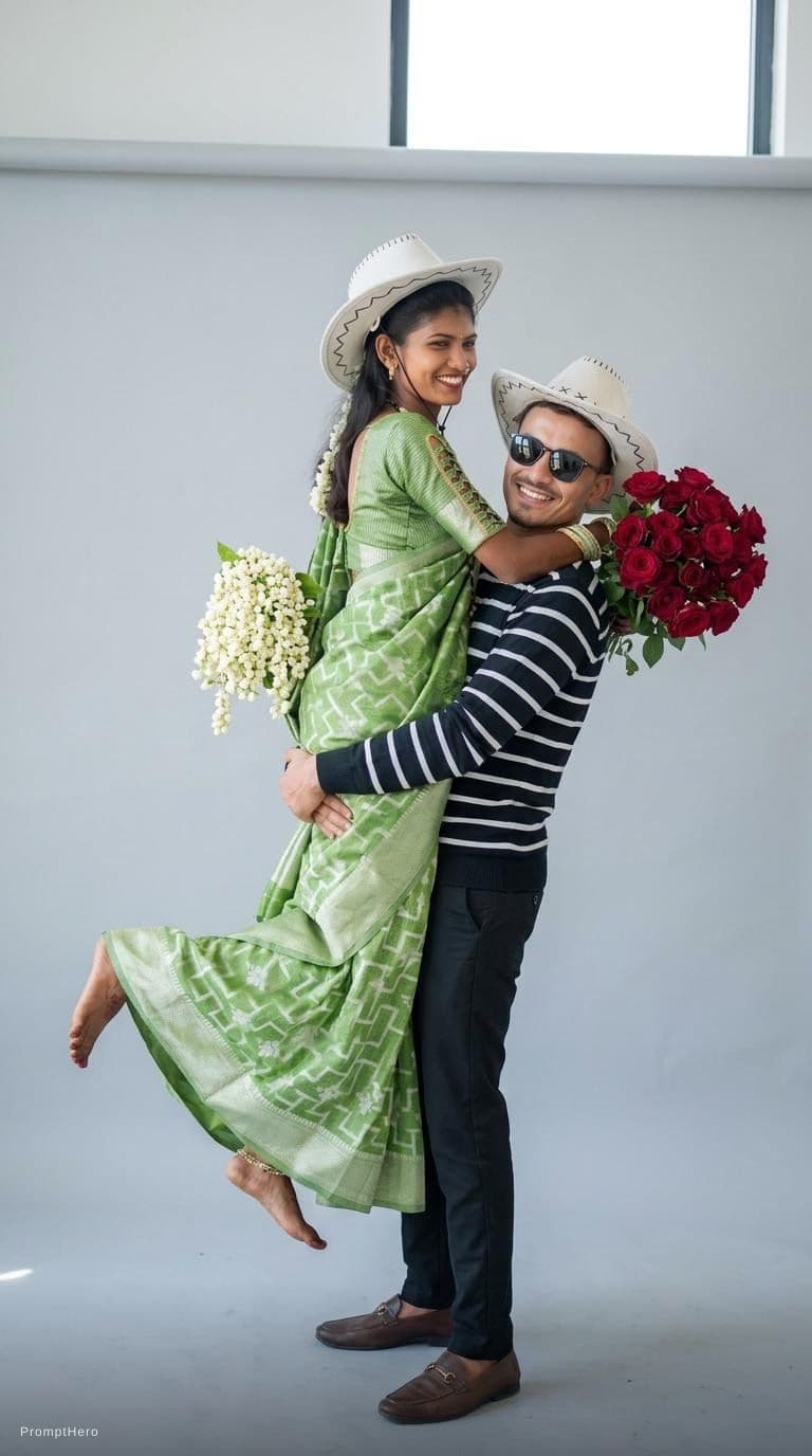 AI generated: Ultra realistic studio couple portrait, romantic fashion editorial photoshoot, minimalist studio bac...