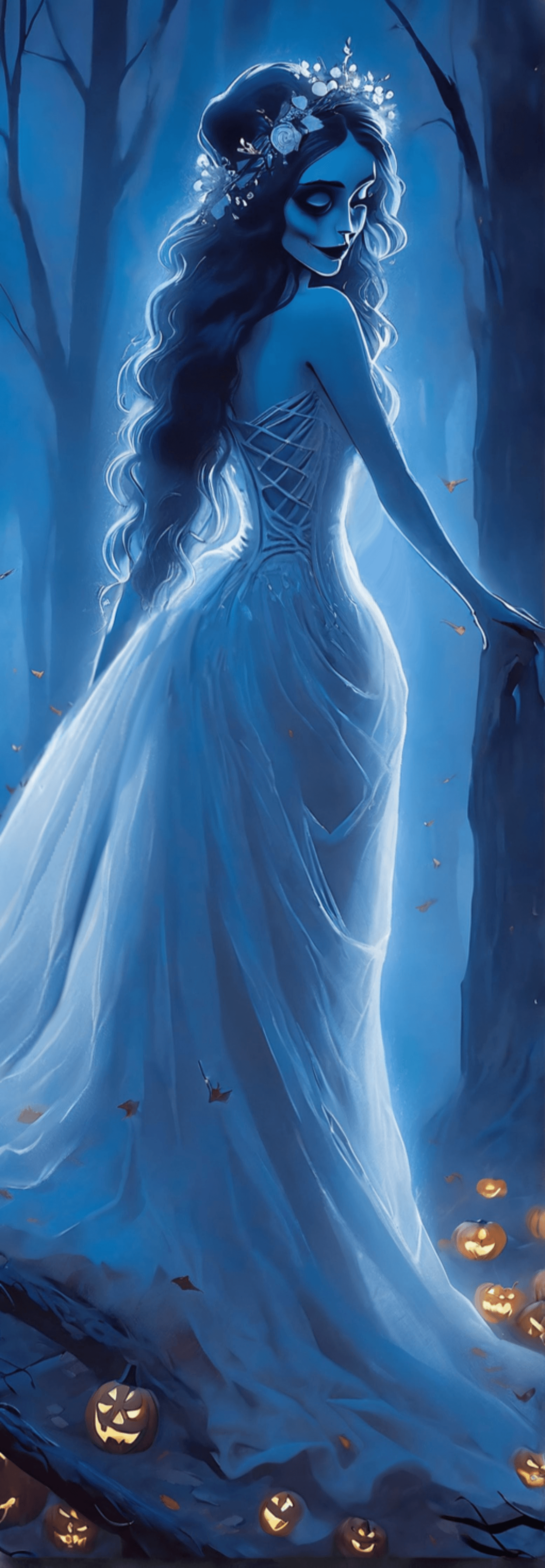 AI generated: Scenery. Magnificent beautiful Corpse Bride Twirling in a dance in Halloween forest. High quality, h...