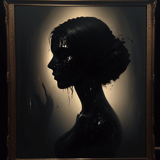 AI generated: Painterly, shadow play, a gorgeous woman as a silhouette in darkness, slender body covered in oily s...