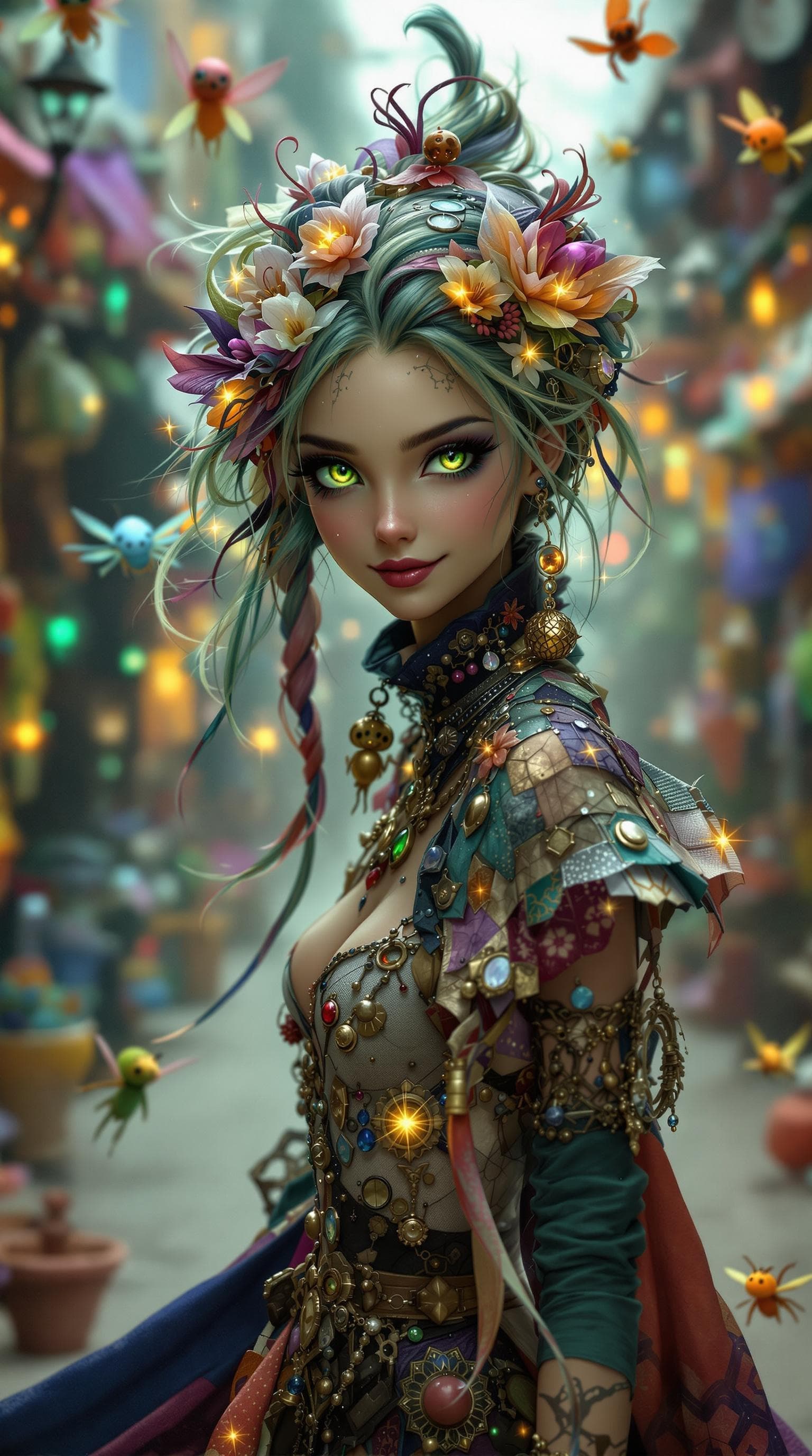 AI generated: A pretty, whimsical trickster with a slender frame and captivating green eyes that seem to shimmer w...