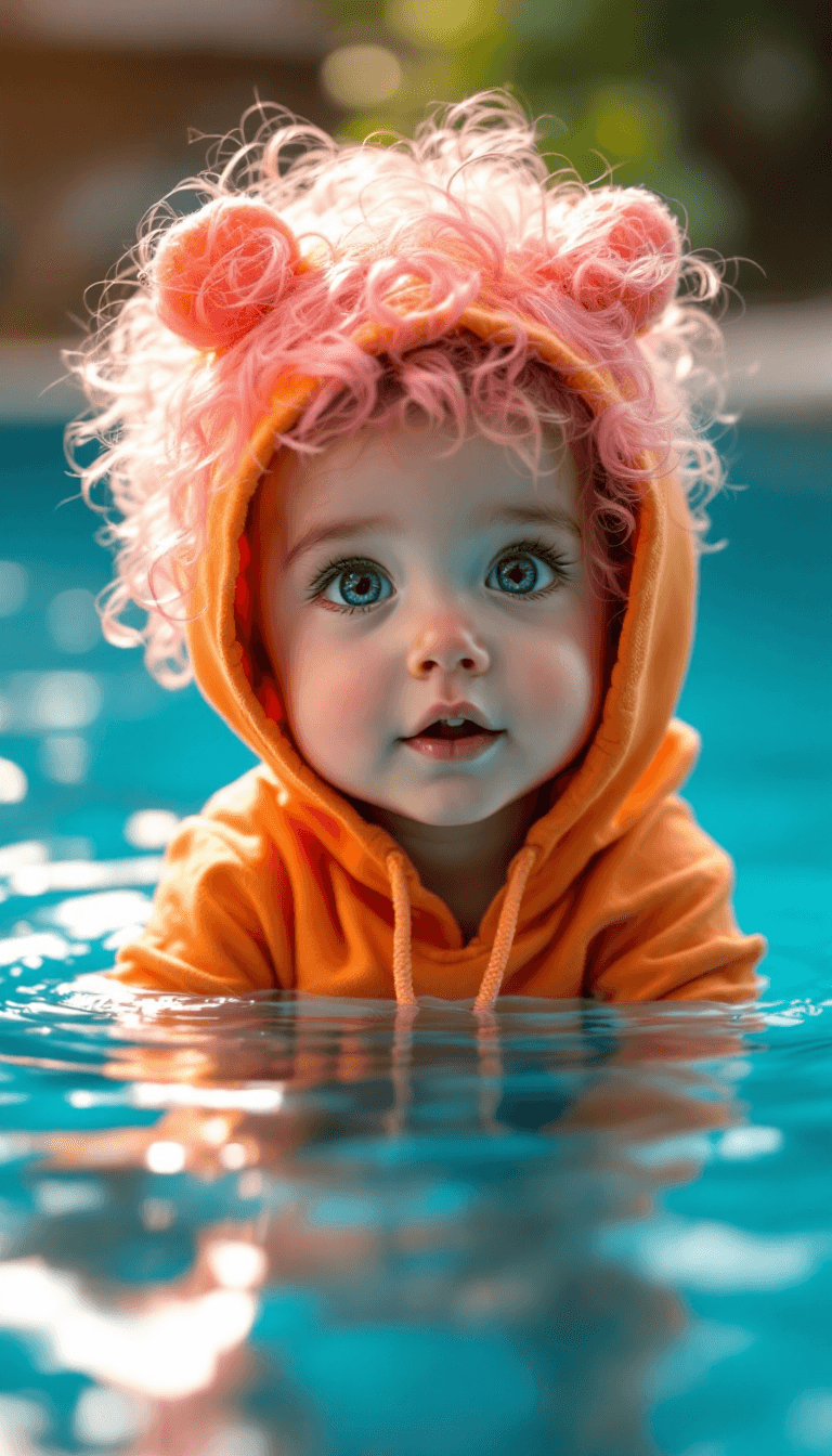AI generated: a  cute little baby girl, withe hoodi, curly pink hair, in pool
