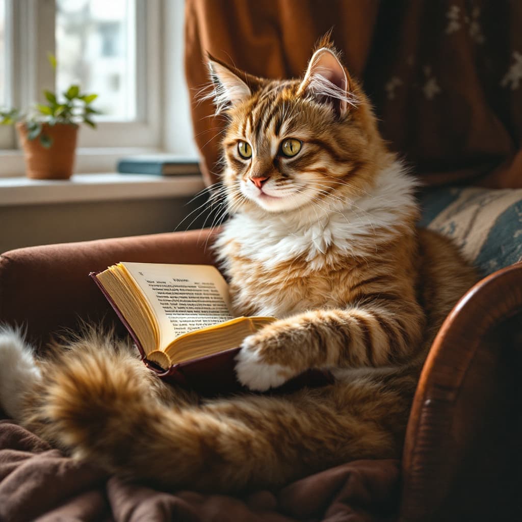 AI generated: Рыжий кот в очках сидит читает книгу за столом