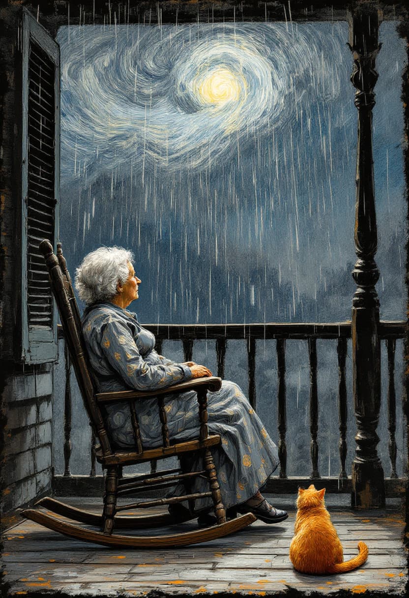 AI generated: Portrait of an old woman sitting in a rocking chair on her porch, looking at the heavy rain hitting ...