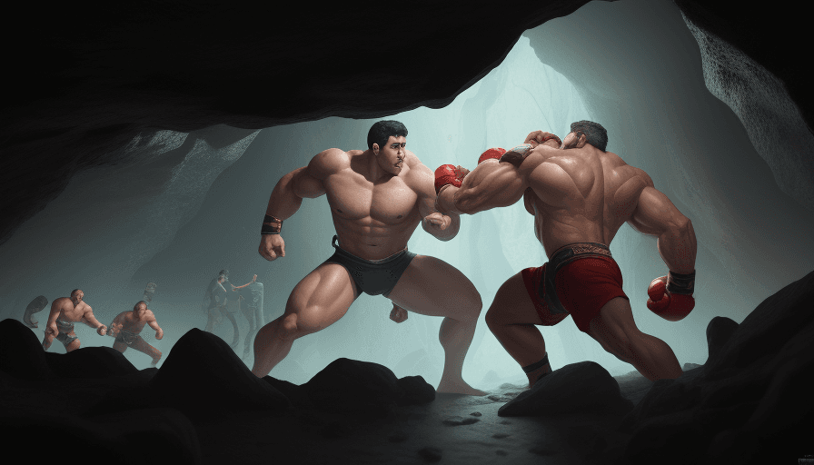 AI generated: giant men fighting in a cave, muscles, zach king, masters, 8k, nanites, no errors, perfect