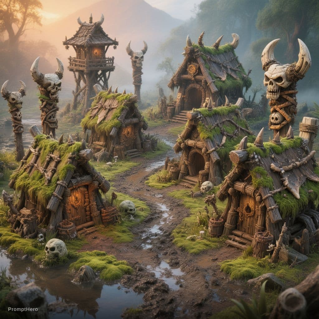 AI generated: 3D fantasy game asset render of an Orc village, stylized PBR graphics, muddy paths, spiked wooden hu...