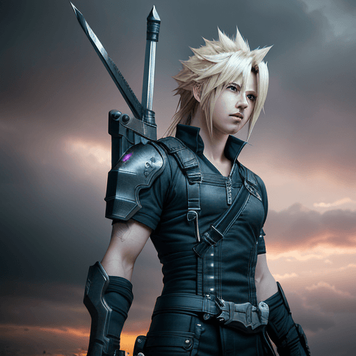AI generated: "Photo of Cloud Strife in ultra-realistic detail, bathed in dramatic light during a pale sunrise. Ut...