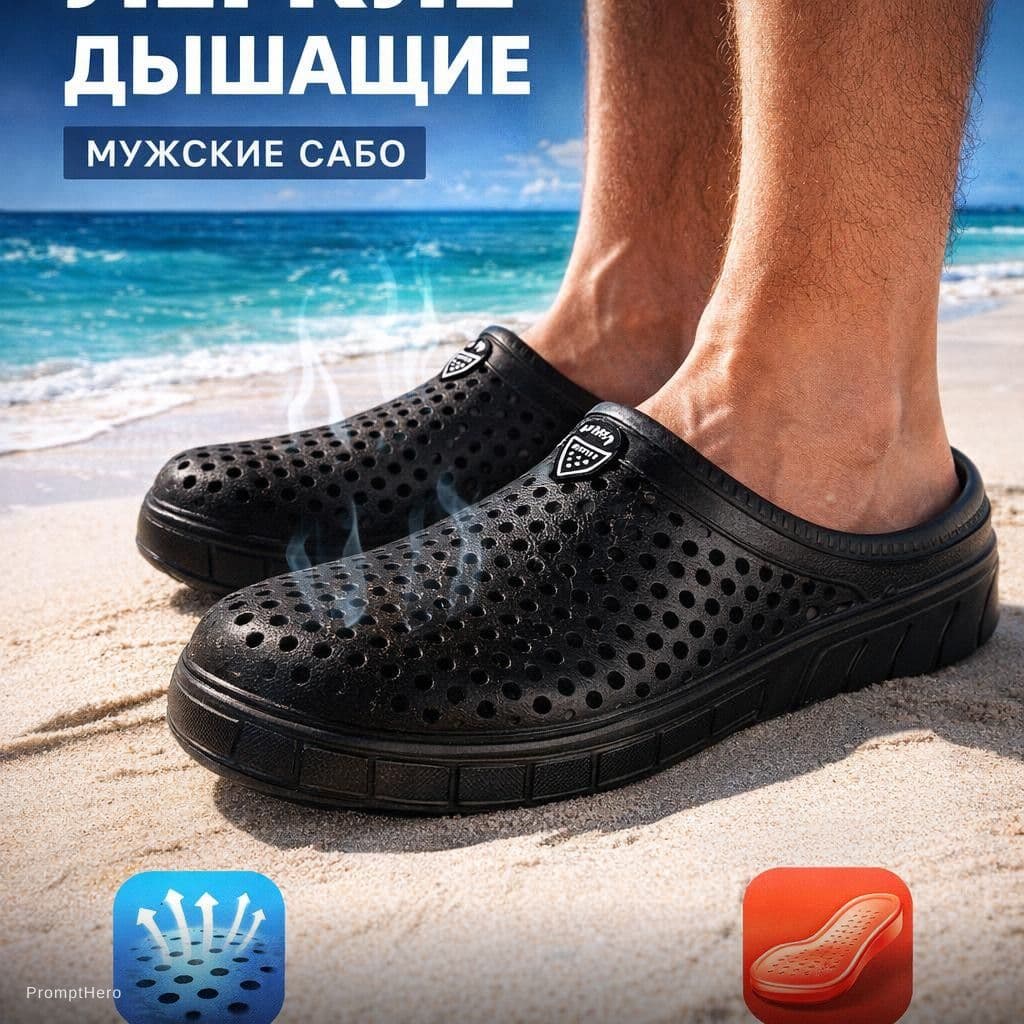 AI generated: high conversion marketplace hero image of black breathable EVA clogs on a male foot standing on the ...