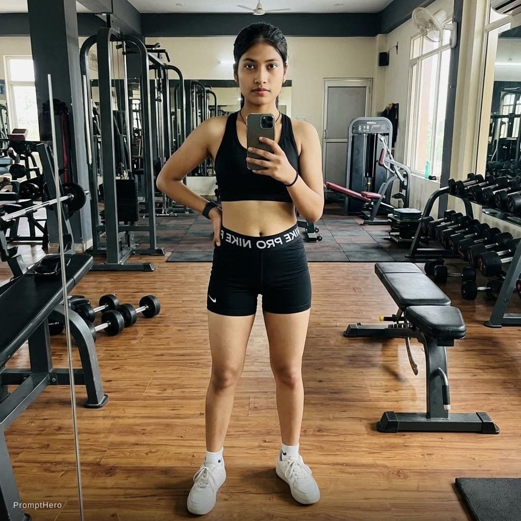AI generated: Scene: Selfie in front of a mirror inside a gym with a wooden floor and workout equipment visible in...