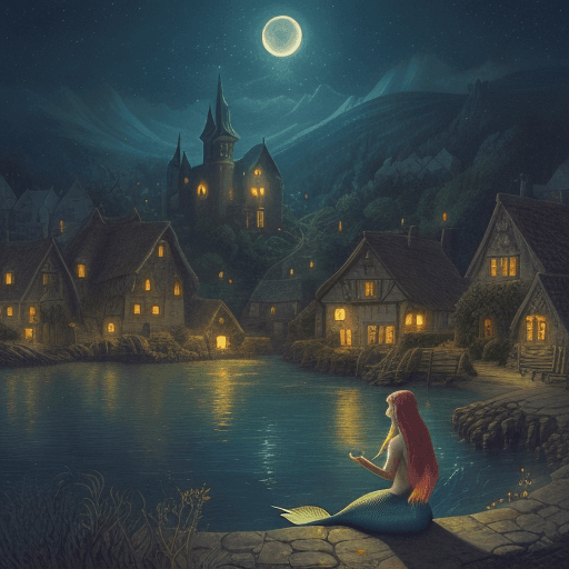 AI generated: a storybook illustration of a mermaid looking at a village at night