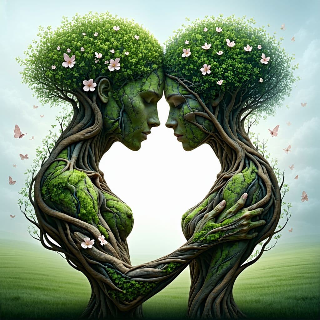 AI generated: A captivating surreal artwork featuring a mesmerizing fusion of human and nature. A male and female ...