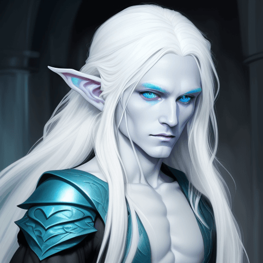 AI generated: DnD Changeling, good looking, fey like appearence, pale figure, bright blue eyes, long white hair ti...