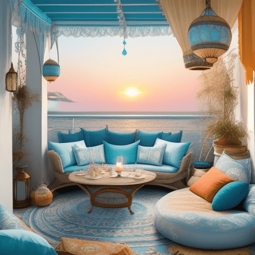 AI generated: A bohemian boho terrace in light blue and white tones with a round sofa, cushions and luminous candl...