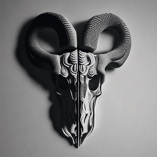 AI generated: symmetrical white 3d relief of rams skull on black board, no shadows, smooth, no boarder, 8k