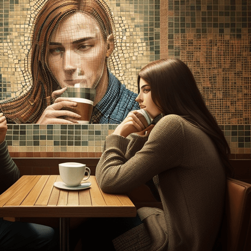 AI generated: A man and a woman drink coffee in a coffee shop against a background of mosaic tiles all showing onl...