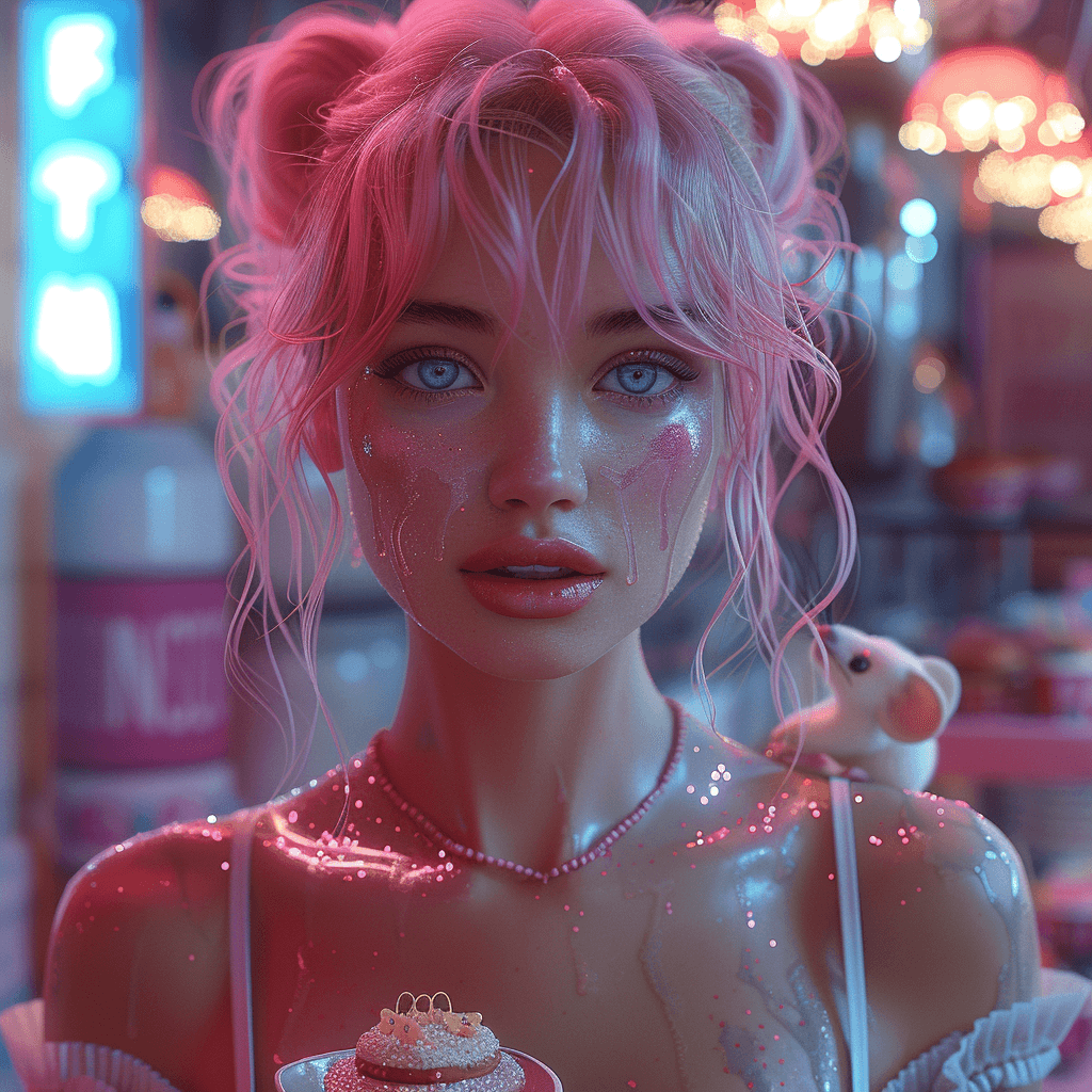 AI generated: Pink hair, pink cupcakes, cute tiny mice