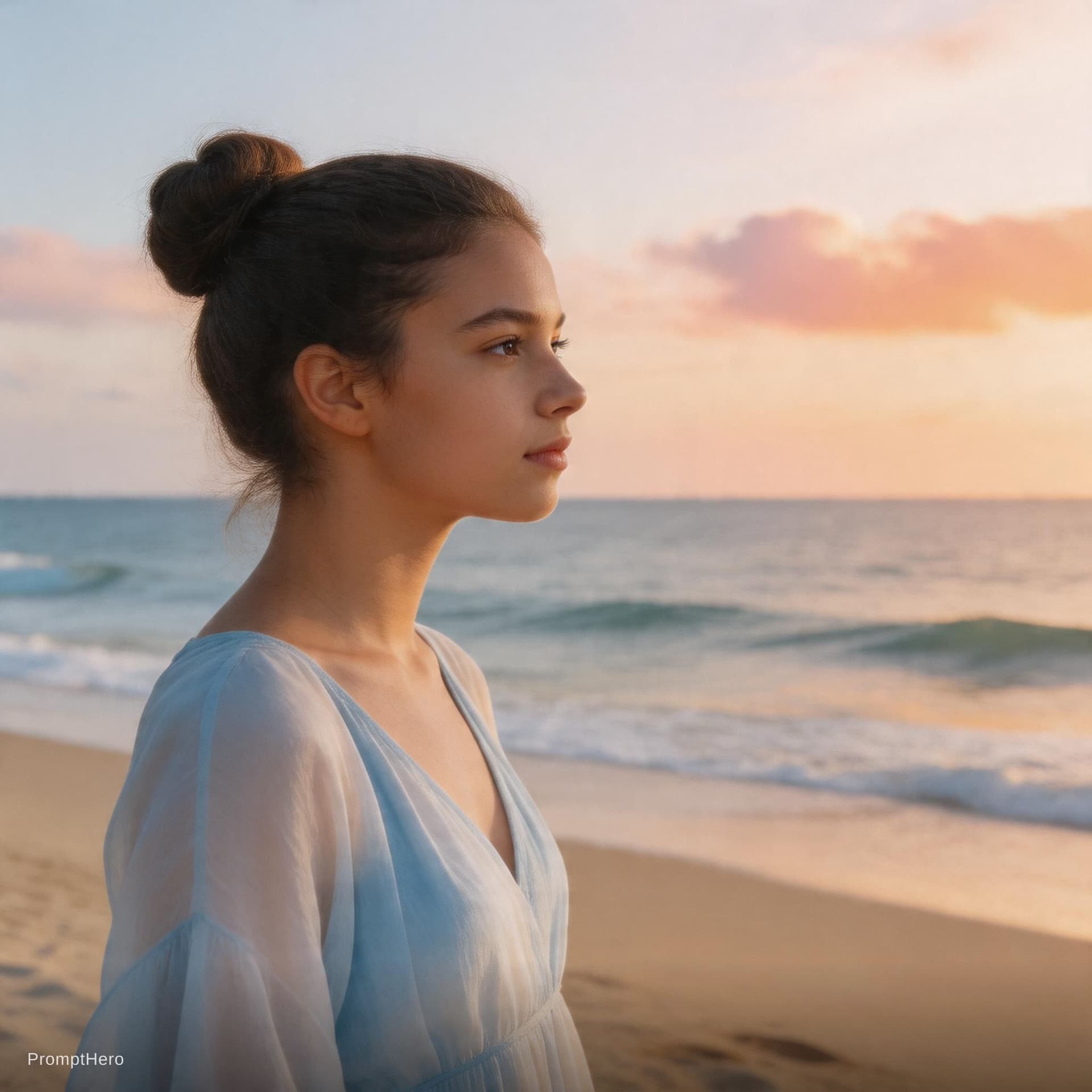 AI generated: illustrazione di una giovane ragazza con i capelli raccolti che osserva il mare
